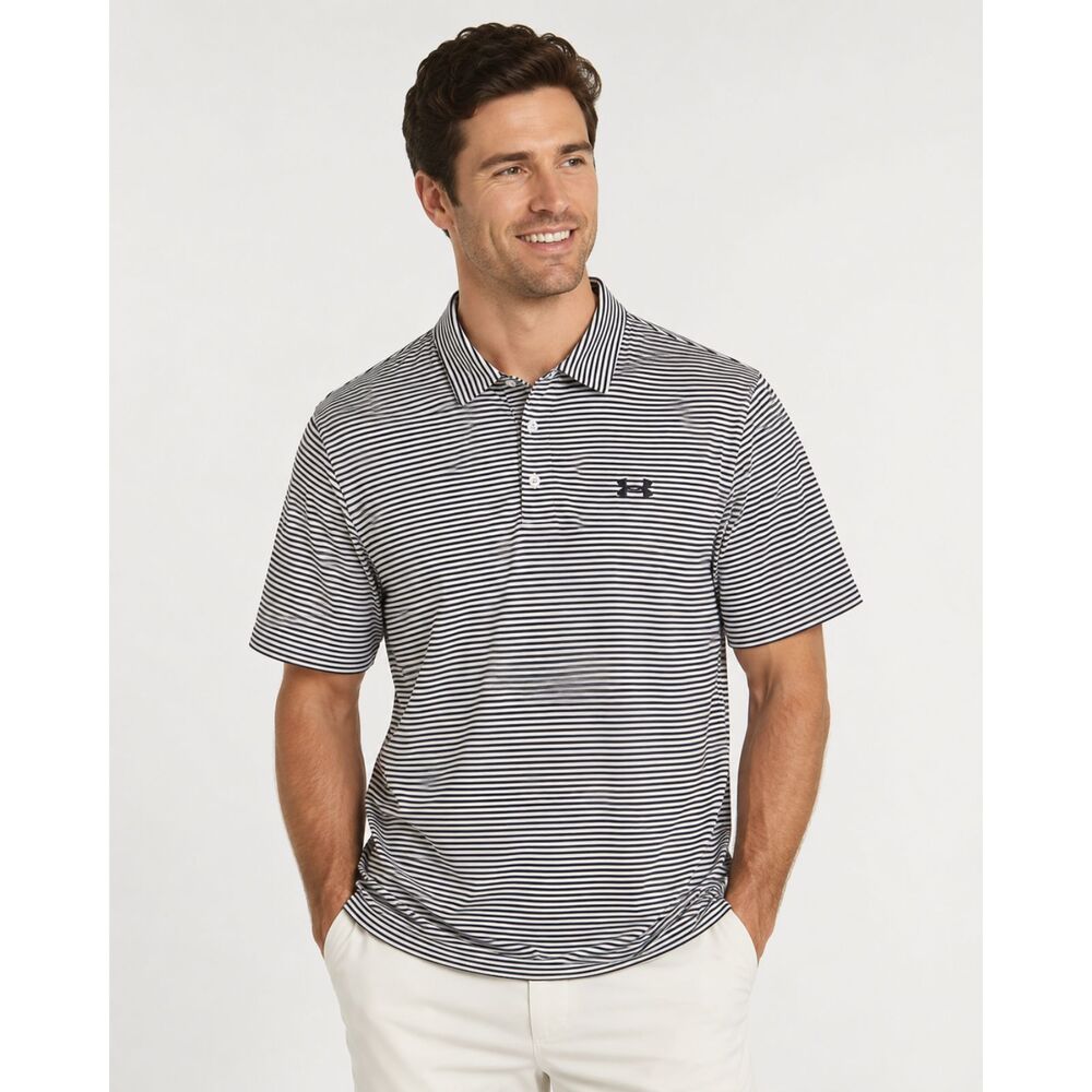 Men's Under Armour XL Polo Shirt UPF50 Golf Playoffs White Grey Stripped